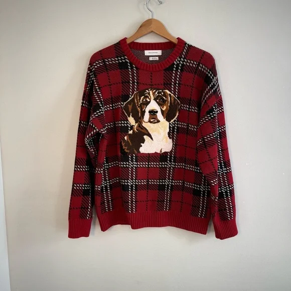Urban Outfitters Oversized Red Tartan Dog Crewneck Sweater, Size S - Picture 2 of 7